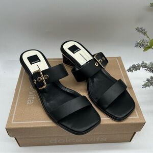 DOLCE VITA Women's Riva Sandal in Black Leather with gold buckle size 9.5 NEW